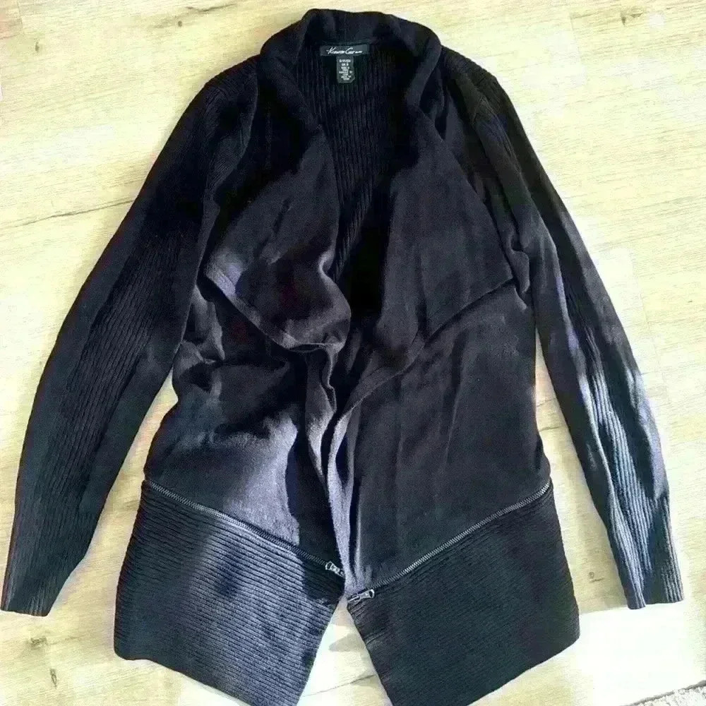 Kenneth Cole New York Womens Open Front Cardigan Black Zip Waist Sweater S